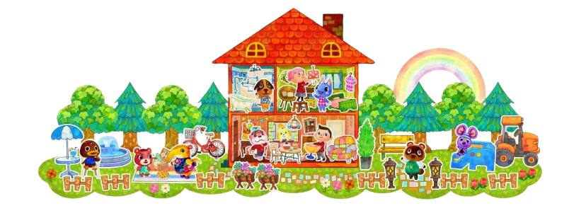 a banner from 'happy home designer' of a furnished house with lottie, isabelle, butch, and the two mayors inside. the decorated ouside has rod, tom nook, cheri, bill, and annabelle