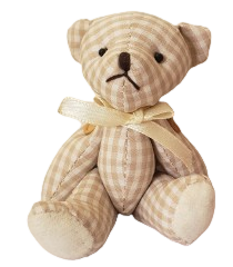 a brown gingham bear with moveable limbs and a small tan bow around its neck.
