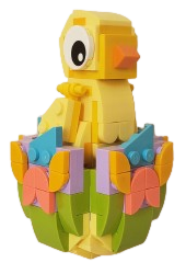 a yellow chicken made of legos sitting in a green, pink, and blue eggshell
