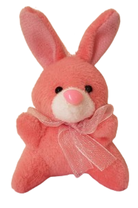 a hot pink bunny plush with a white muzzle and a light pink bow around its neck.