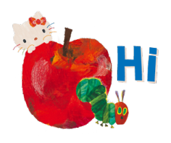 a transparent graphic of hello kitty and the very hungry caterpillar around an apple with blue text next to it reading 'hi!'.