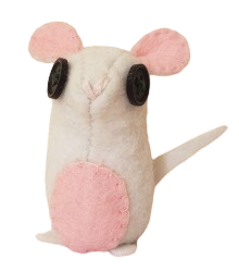 a felt mouse with black button eyes, pink inner-ears, and a pink tummy.