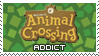 a green stamp that reads 'animal crossing addict' with the animal crossing logo sign