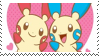 a pink-and-white stamp with minun and plusle