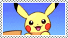 a blue stamp of a happy pikachu swaying