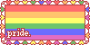 a stamp with rainbow stripes and border with the word 'pride' in the bottom left corner