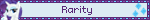 a white-and-purple blinkie that reads 'rarity' with pixel art of rarity and her cutie mark to either side